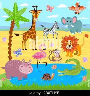 Dschungel und Safari-Zoo Tiere sind ein Vektor der Natur. Wildtier-Safari-Zoo, Abbildung von Wildtieren Giraffe und Schildkröte Stock Vektor