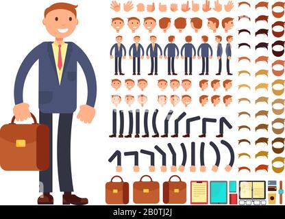 Cartoon Businessman anpassbarer Vektor-Zeichensatz. Konstruktor verschiedener Posen. Charakterunternehmer konstruieren Fuß- und Haardarstellung, Arm- und Kopfabbildung Stock Vektor