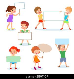 Glückliche Kinder mit Papierkarten und Bannern. Cartoon-Kinder, die leere Schilder halten. Vector Set Junge und Mädchen mit weißen leeren Bannern Illustration Stock Vektor