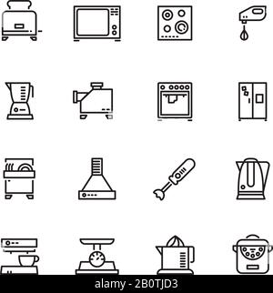 Küche und Kochgeräte Haushaltsvektor-Liniensymbole. Küchenausstattung, Kaffeemaschine, Toaster und Kühlschrank-Illustration Stock Vektor