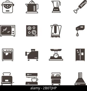 Küchengeräte Vektor-Silhouette-Symbole isoliert. Küchenausstattung Kühlschrank und Kaffeemaschine, Geschirrspüler und Toaster Stock Vektor