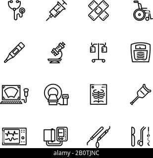 Symbole für medizinische Geräte und Krankenhauslinien. Abbildung: Mikroskop und Spritze, Tropffliger und Röntgenbild, Thermometer und medizinische Ultraschallgeräte Stock Vektor