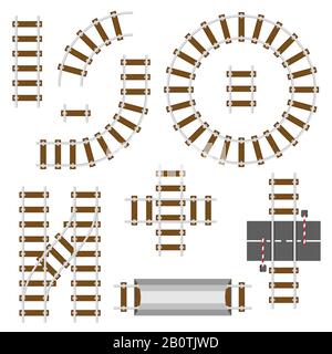 Bahnbauelemente. Bahngleise Vektor-Set in Draufsicht. Bahnstraße und Gleisweg zur Zugillustration Stock Vektor