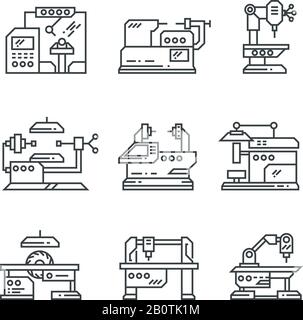 Vektorliniensymbole für Industriemaschinen. Symbol für werkseitige Werkzeugmaschinen. Fabrikmaschine für den industriellen Bereich, Abbildung von Maschinenanlagen Stock Vektor