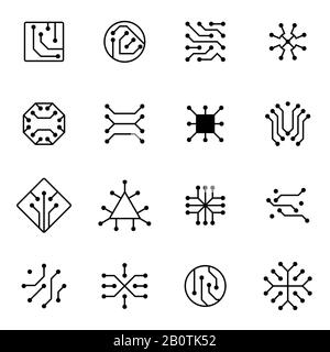 Vektorsymbole für elektronische Computerchip-Schaltkreise und Mainboard-Geräte. Abbildung des Schaltkreises der elektronischen Hauptplatine des Mikrochips der Geräteplatine Stock Vektor