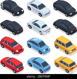 Isometrische 3D-Autos. Transport Technology Vector Vehicles Set. Isometrischer Fahrzeugtransport, Abbildung farbiger Autos Stock Vektor