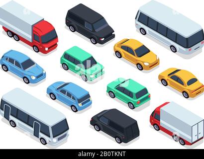 Isometrische Fahrzeuge und Autos für 3D-Stadtverkehrskarte. Vector Stadtverkehr festgelegt. Auto isometrisch transportieren, Auto Auto Auto 3D-Darstellung Stock Vektor