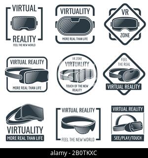 Futuristische Headset-Logos für virtuelle Realität mit Helm. VR-Brille mit frontselbstmontierten Vektor-Etiketten. Gerät für die Realität virtuell, Abbildung des Kopfhelms Stock Vektor