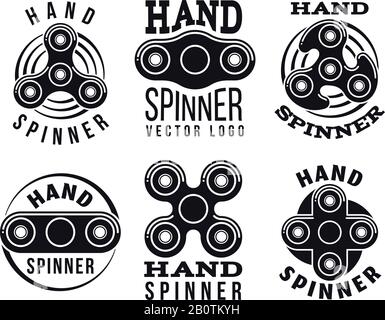 Handspinner Vector Logo Set. Fidget Spinner Embleme. Vektorbeschriftungen für Präzisionslager der Wälzkugeln Stock Vektor