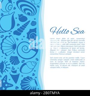 Sommer-Vektor-Hintergrund mit Seashell-Rahmen. Ferienkarte am Meer, dekoriert von Kakerlaken. Sommerbanner mit Verzierung in der Schale Stock Vektor