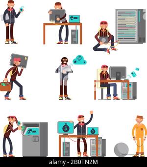 Kriminelle Hacker brechen Computerbankkonten. Symbole für den Schutz von Finanzen und Internet mit Figuren aus Cartoon-Dieben. Krimineller Computerhacker in der Abbildung des Bankhackens Stock Vektor