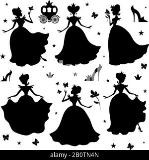 Kleine Prinzenvektor-Silhouetten. Schwarze Silhouetten-Illustration für Mädchen Prinzessin isoliert auf weißem Hintergrund Stock Vektor