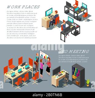 Business Banner Vektordesign mit isometrischem Arbeitsplatz modernes Interieur und 3D-Büro-Mitarbeiter. SEO-Meetings und Arbeitsplätze, Innenabbildung Stock Vektor