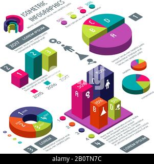 Infografik zu isometrischen 3D-Geschäftsvektoren mit Farbdiagrammen und Diagrammen. Isometrische farbige Infografik und Diagramm zur Information Web Illustration Stock Vektor