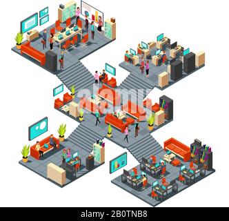 Isometrische Geschäftsstellen mit Mitarbeitern. 3d Geschäftsmänner vernetzen sich im Büro. Isometrisches Zimmerbüro mit Mitarbeitern, Inneneinrichtung mit Abbildung der Mitarbeiter Stock Vektor