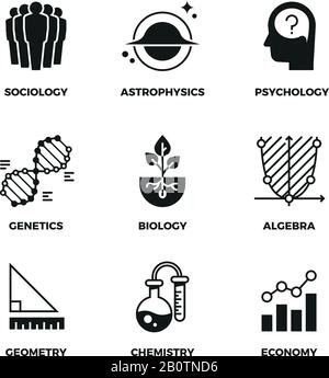 Wissenschaftliche Vektorsymbole festgelegt. Genetik und Wirtschaft, Algebra und Chemie. Geometrie und Biologie, Psychologie und Astrophysik, Soziologiesymbole. Monochrome Illustration Zeichen der wissenschaftlichen Disziplin Stock Vektor