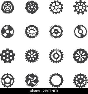 Symbole für Gangvektoren. Getriebe mit Zahnrad- und Mechanikradsymbolen. Zahnrad, Abbildung des mechanischen Zahnrads Stock Vektor