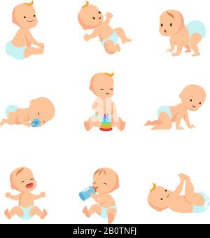 Vektorzeichen für Kleinkinder. Neugeborenes in unterschiedlicher Aktivität isoliert auf Weiß. Abbildung von Mädchen und Jungen mit Kinderfigur Stock Vektor