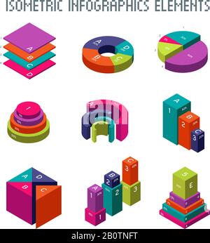 Infographisch isometrische Vektorelemente. 3D-Kreisdiagramm, Diagramme und Fortschrittsbalken. Grafik- und Diagrammstatistik und isometrische Darstellung des Fortschritts Stock Vektor