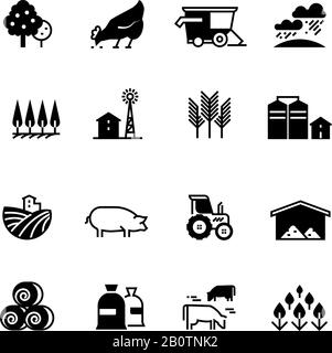 Silhouettensymbole für ökologische Landwirtschaft und Landwirtschaft isoliert. Landwirtschaft Farm-Silhouette, Huhn und Tier-Illustration Stock Vektor