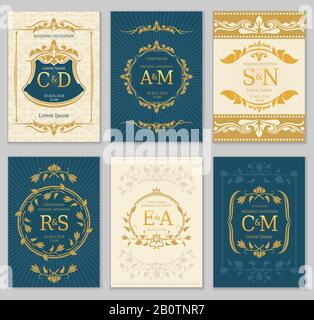 Luxuriöse Vintage-Einladung-Vektorkarten mit Logo-Monogrammen und verzierten Rahmen. Klassisches Monogramm Luxus-Label auf der Illustration des Einladungs-Posters Stock Vektor