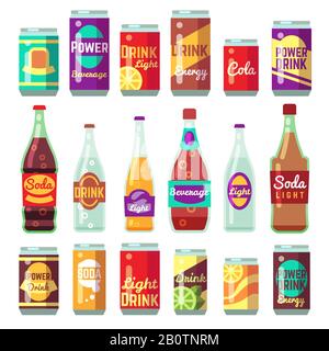 Getränke Soft- und Energy Drinks Vector Flat Icons. Getränkeflasche und -Dose. Flasche mit Getränk und Trinkwasser in Glasflasche Stock Vektor