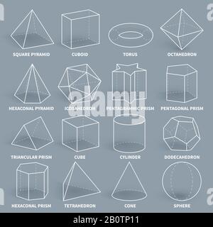 Abstrakter 3D-Vektorsatz für mathematische geometrische Umrisse. Geometriefigur grafische Pyramide- und Quader-, Torus- und Oktaeder- Abbildung Stock Vektor