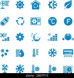 Symbole für Klimaanlage, Heizung und Kühlung im Haus und im Auto. Kühlconditioner, Thermometer und Lüfter, Abbildung der Temperaturkonditionierung Stock Vektor