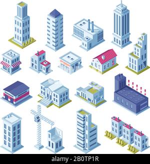 Stadtgebäude 3D isometrische Projektion für Karte. Häuser, hergestelltes Gebiet, Lagerung, Straßen und Wolkenkratzer Gebäude isoliert Vektor-Set Stock Vektor