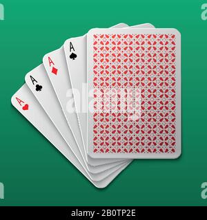 Vier Asse Poker-Spielkarte auf dem Spieltisch. Casino Big Win Gamble Vector Hintergrund. Kombination Ass für Spiel-Poker-Illustration Stock Vektor