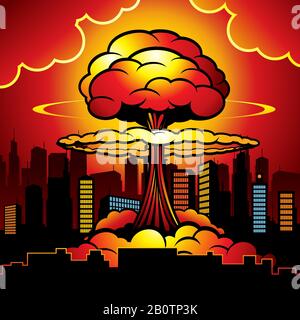 Brennende Stadt mit Atomexplosion der Atombombe. Cartoon-Vektor-Illustration. Atombombenzerstörung, nukleare radioaktive Energie Stock Vektor