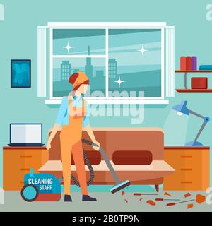 Flat Woman Staubsauger im Zimmer - Putzfrau Vektor-Charakter. Hausarbeit, Arbeit sauberere Illustration Stock Vektor