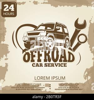 Offroad-Service mit Vintage-Poster-Design. Banner mit Auto, Vektorgrafiken Stock Vektor