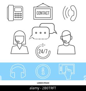 Contact Center- oder Online-Support-Konzept mit Liniensymbolen. Hilfe, online für Kunden, Vektordarstellung Stock Vektor