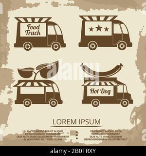 Food Trucks Set - Vintage-Poster mit Essenswagen mit Wurst und Stern. Vektorgrafiken Stock Vektor