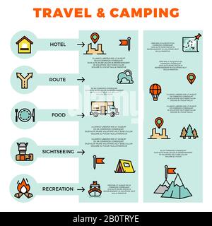 Reise- und Camping-Infografik mit Strichsymbolen. Abenteuer- und Camp-Tourismus, Vektorgrafiken Stock Vektor