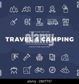Symbole für Reise- und Campinglinien auf blauer Grunge-Kulisse. Vektorgrafiken Stock Vektor