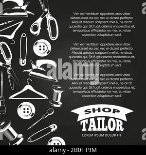 Tailor Shop Chalkboard Poster mit Knopf, Schere, Stift. Vektorgrafiken Stock Vektor