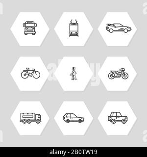 Symbole für die städtischen Verkehrslinien - Autos, Züge, Bussymbole. Sammlung des Symbols für den linearen Transport. Vektorgrafiken Stock Vektor