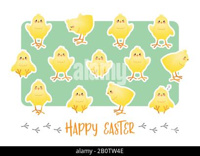 Frohe Ostern. Grußkarte mit Aufklebern niedlicher Küken auf grünem Hintergrund. Vektorgrafiken. Stock Vektor