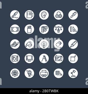 Grafikdesign-Symbole - Tools, Büropapier, kreative Linien-Symbole. Vektorgrafiken Stock Vektor