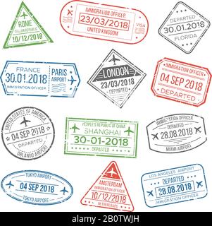 Visa Travel Cachet Passschilder oder Flughafenstempel mit umrahmenden Ländern. Vintage International Airport Stempel und Postmark Template Vector Set Stock Vektor