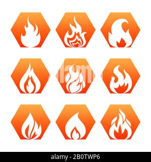 Weiße Feuerflamme vor farbenfroher Kulisse - Feuerflammsymbole setzen Vektor. Sammlung von Brandzeichenabbildung Stock Vektor