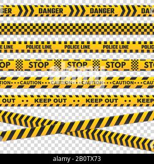 Vorsicht Randstreifen. Die isolierte schwarze und gelbe Polizeilinie kreuzen sich nicht für kriminelle Szenen. Sicherheitslinien signieren oder sperren Bandvektorsatz Stock Vektor