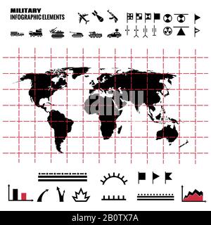 Militärische Infografikelemente mit Weltkarte und Symbolen. Schwarze Weltkarte. Vektorgrafiken Stock Vektor