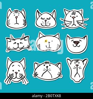 Cute Doodle Cats Sticker Kollektion. Satz weißer Katzen. Vektorgrafiken Stock Vektor