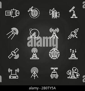 Symbole für die dünne Linie der Satelliten- und Orbitkommunikation auf der Tafel. Vektorgrafiken Stock Vektor
