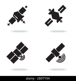 Symbole für die Satelliten- und Orbitkommunikation werden auf weißem Hintergrund isoliert. Vektorgrafiken für Technologieräume Stock Vektor