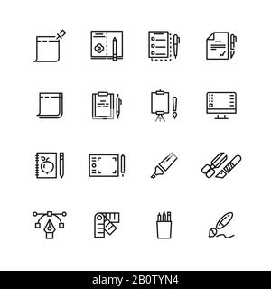 Liniensymbole für Grafikdesign und Schreibwerkzeuge festgelegt. Sammlung von linearem Stift und Bleistift. Vektorgrafiken Stock Vektor