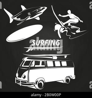 Vintage Surfelemente im Chalkboard Design. Sommersurfen auf dem Meer. Vektorgrafiken Stock Vektor